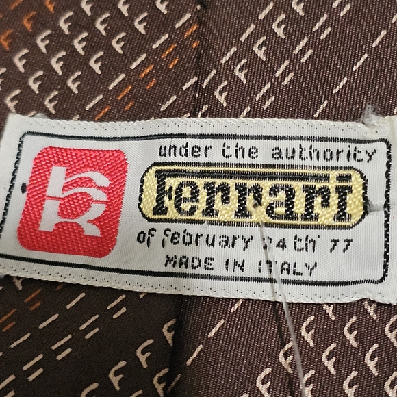 Vintage Ferrari Silk Tie Brown Orange F Prancing Horse Logo Made in Italy - Picture 4 of 6